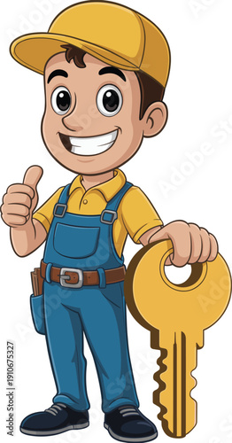 Cartoon vector illustration of locksmith character holding golden key, wearing yellow cap and overalls, smiling with thumbs up gesture and tools.