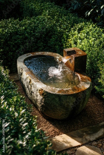 A gentle stream of water cascades from an elegant stone fountain, gracefully pouring into a serene, small pool. This tranquil setting is warmly embraced by vibrant green shrubs.