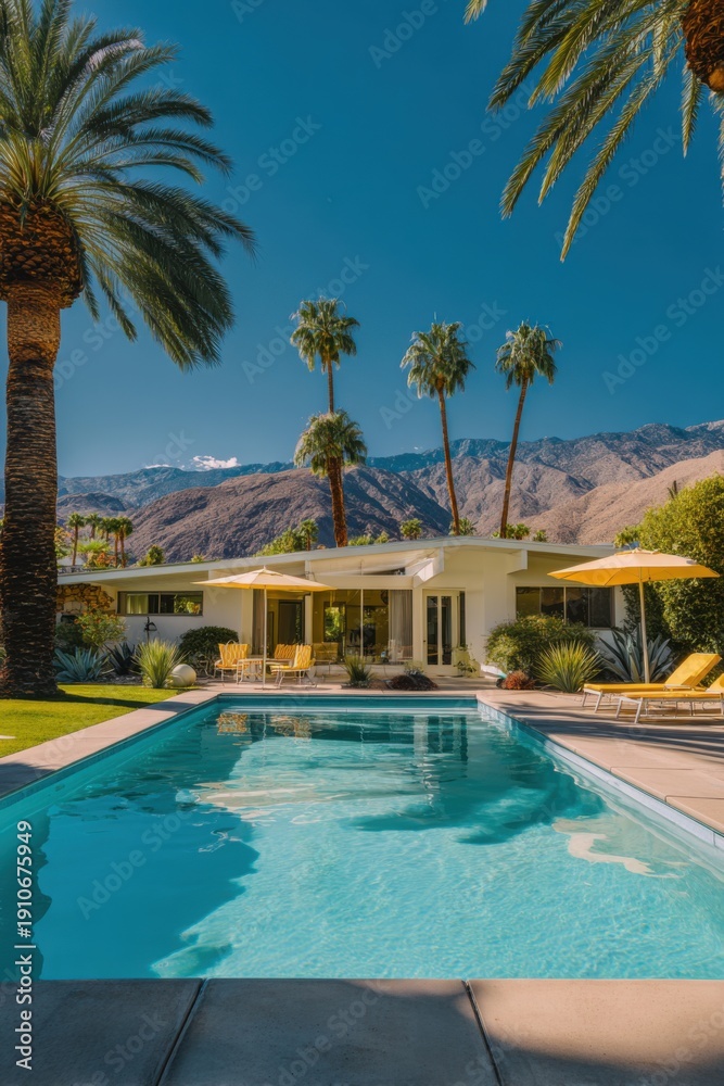 Fototapeta premium Experience the epitome of luxury living in a stunning house complete with a sparkling swimming pool and elegant palm trees in Palm Springs.