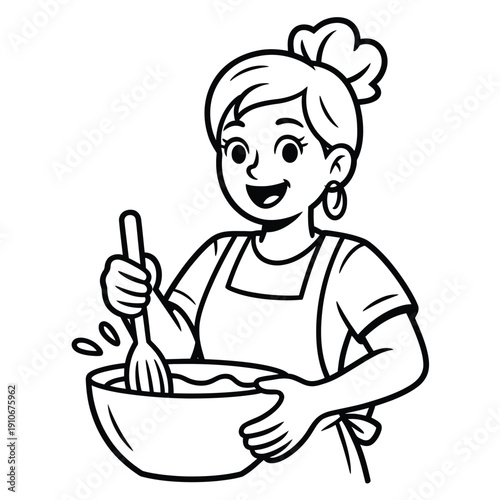 Mother cooking dinner cartoon illustration of a senior woman holding a bowl while preparing a homemade meal, symbolizing family care, warmth, traditional cooking, and loving kitchen moments