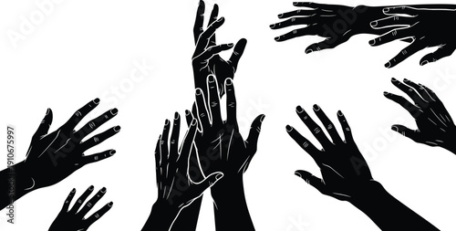 Silhouetted hands reaching upward together in unity, teamwork, diversity, community support, collective effort, aspiration, cooperation, solidarity, hope, and connection illustration