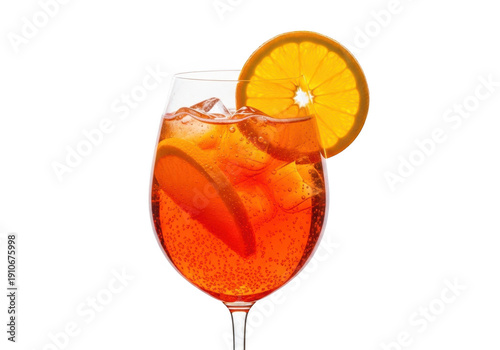 Vibrant orange cocktail in a wine glass with ice and orange slice garnish, perfect for summer parties and gatherings isolated on transparent background