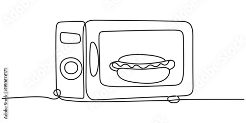 Continuous line drawing of a microwave oven with a hot dog inside on a white background Vector, illustration