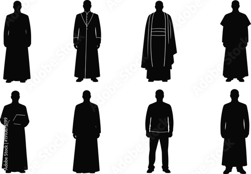 Traditional ceremonial robe silhouettes set featuring diverse cultural attire, formal clothing vector illustration for education, fashion, heritage, and design purposes.