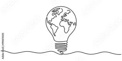 Single line art illustration of a light bulb containing a globe representing global ideas Vector, illustration