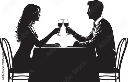 Couple silhouetted toasting wine glasses at a table dinner