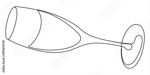 Line drawing of a champagne flute glass lying on its side against a white background. Vector, illustration