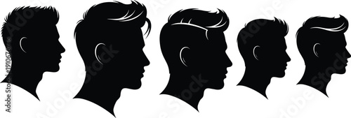 Vector illustration of male head silhouettes with different hairstyles, grooming styles, fashion haircut designs, barbershop icons, modern men’s hair trends