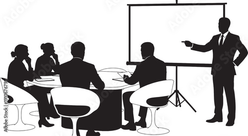 Silhouette of business people in a meeting with a presenter pointing at a blank projection screen business meeting