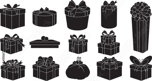 Collection of black silhouette gift boxes with bows and ribbons on white background present package