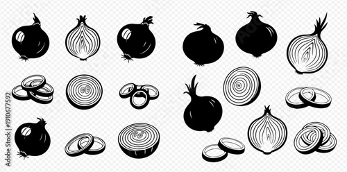 Onion set, whole, half, and rings, black and white vector illustration for cooking and food design.