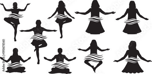 Yoga poses for women in various meditation positions silhouette