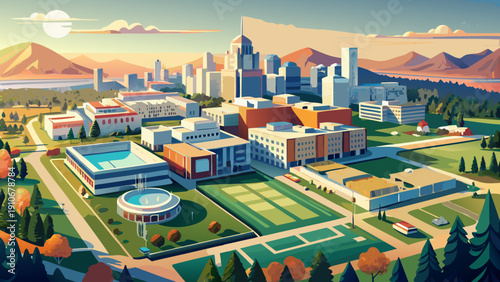 Very beautiful aerial flyover of a renowned medical research university campus in an American city, highlighting modern laboratories, hospital buildings, and surrounding urban neighborhoods.

