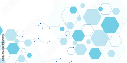 Abstract Blue Hexagon Technology Background with Digital Circuit Lines and Connection Dots