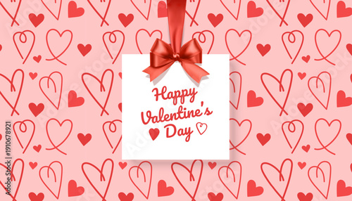 Happy Valentine's Day greeting card with place for your congratulations or wishes, on the background of a seamless pattern with hearts