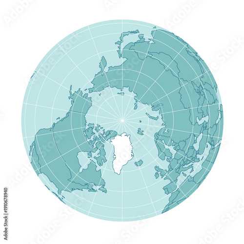 Greenland. Earth Globe with North Pole in the Middle. Meridians, Parallels, Arctic Circle are added. No Titles. Flat Style. Vector illustration
