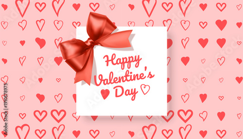 Happy Valentine's Day greeting card with place for your congratulations or wishes, on the background of a seamless pattern with hearts