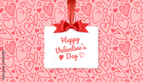 Happy Valentine's Day greeting card with place for your congratulations or wishes, on the background of a seamless pattern with hearts
