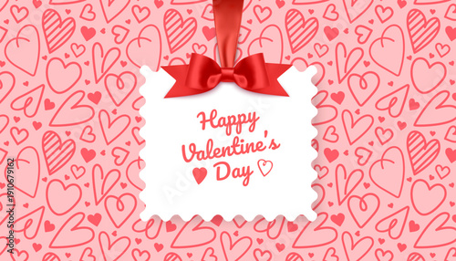 Happy Valentine's Day greeting card with place for your congratulations or wishes, on the background of a seamless pattern with hearts