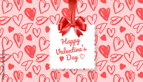 Happy Valentine's Day greeting card with place for your congratulations or wishes, on the background of a seamless pattern with hearts