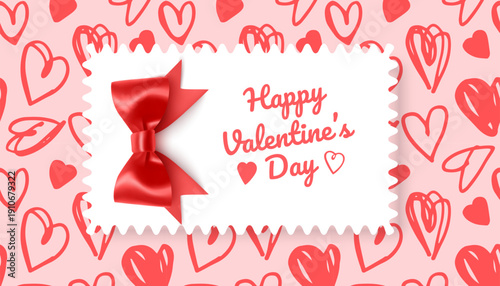 Happy Valentine's Day greeting card with place for your congratulations or wishes, on the background of a seamless pattern with hearts