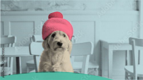 Pop art style close up of golden retriever dog wearing bright pink wool hat sitting at table in modern light blue cafe interior with chairs and tables