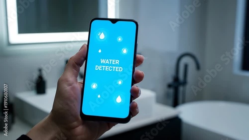 Close-up of a hand holding a smartphone with a bright blue screen displaying a 'WATER DETECTED' alert. The background shows a modern bathroom with a sink and bathtub.