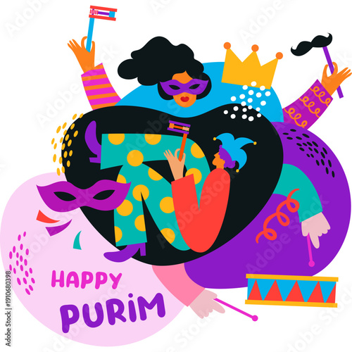 Happy Purim, poster with abstract geometric carnival elements. Modern bold design with splashes, speech bubbles, masks, crown and confetti. purim in hebrew