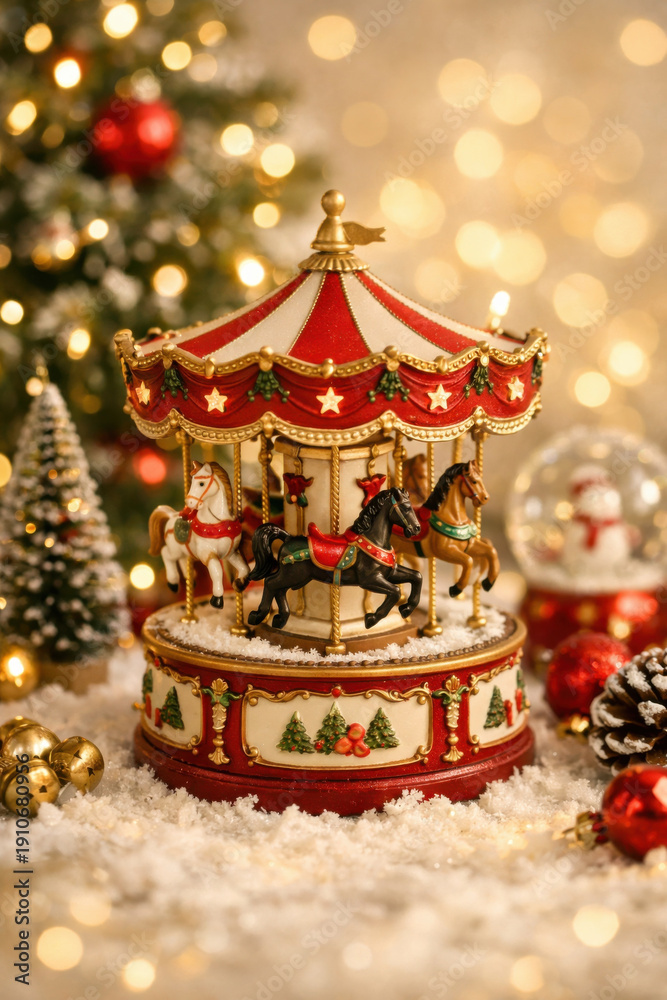 Obraz premium Festive carousel music box figurine with holiday decoration, warm bokeh light, miniature merry go round, nostalgic Christmas scene, creamy gold background, celebratory winter decor