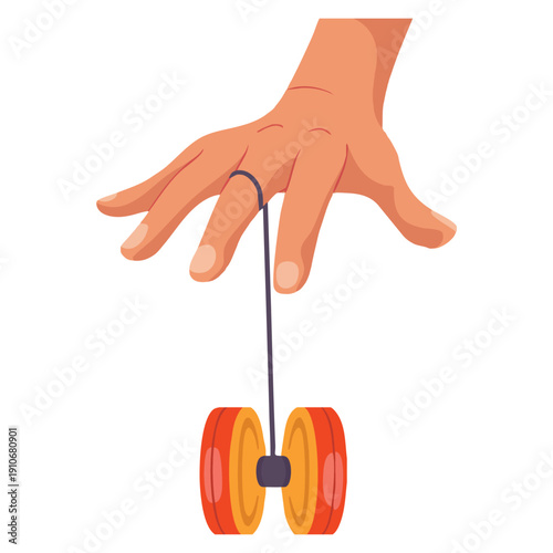 Vector cartoon illustration of hand playing gaming yo yo with string tied to middle finger suitable for toy play fun activity and youth themed artwork