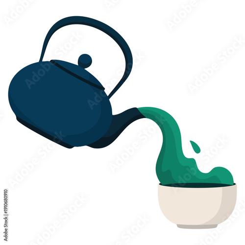 Vector elements of tea pouring from a black teapot into a black cup featuring matcha tea ideal for cafe menu restaurant design traditional beverage and tea culture themes