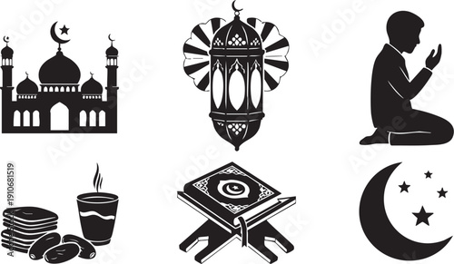 Adobe Illustrator Artwork. Collection of islamic symbols and motifs featuring crescent moons stars lanterns and mosque silhouettes