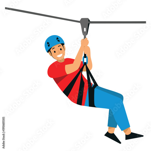 Vector icon of boy helmet zip line in flat illustration style ideal for web adventure sport safety recreation and activity themed visuals