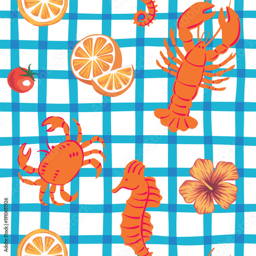 Lobster, crab, orange fruit, sea horse, hibiscus flower seamless pattern. Summer sea print.	