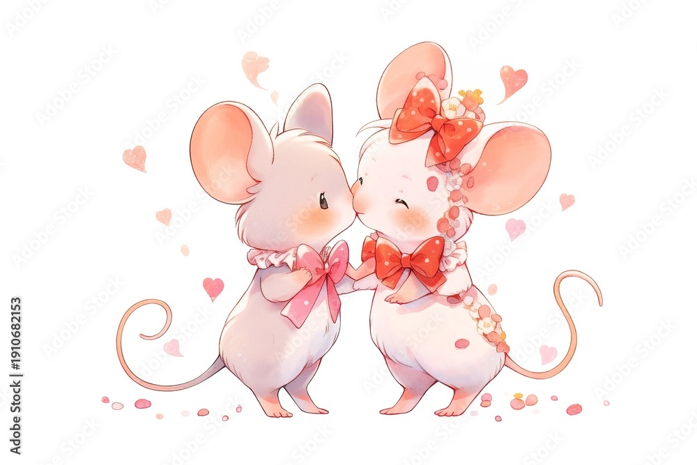 Fototapeta premium Two cartoon mice stand close together, sharing a kiss. Hearts surround them in the background. It looks sunny and cheerful, showing a moment of love