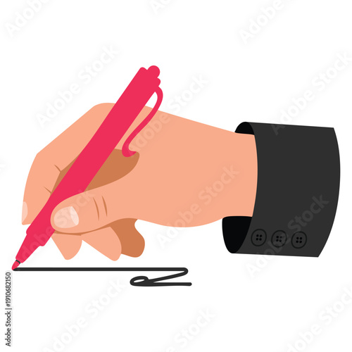 Vector icon of writing hand with red pen in flat illustration style designed for web design education platforms digital writing tools and creative interface visuals