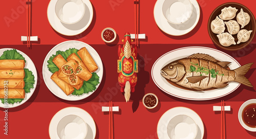 Chinese New Year Reunion Dinner Table Top View Vector