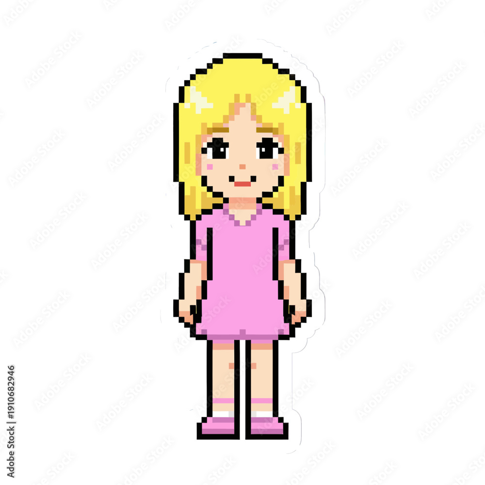 Fototapeta premium Cute Blonde Girl Icon In Pink Dress