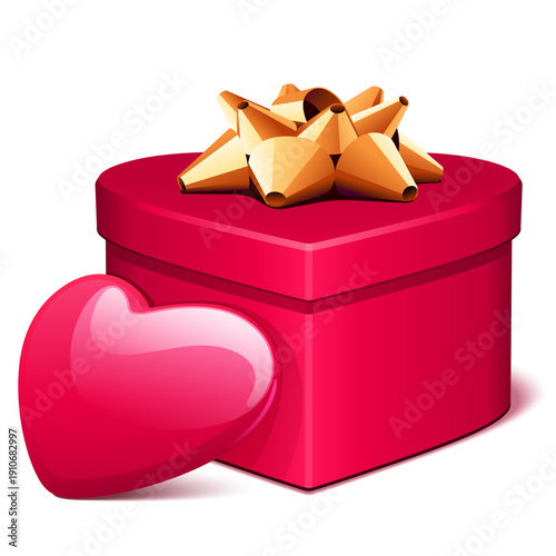 A vibrant, glossy red heart shaped gift box adorned with a golden bow rests beside a perfectly shaped, shiny pink heart element perfect for romance concepts.