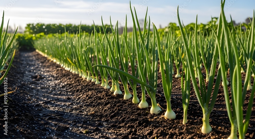Naklejka premium Fresh green leeks on the vine in a sunny garden