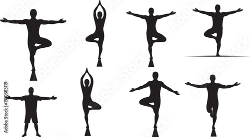 Silhouettes of people practicing yoga in various tree poses