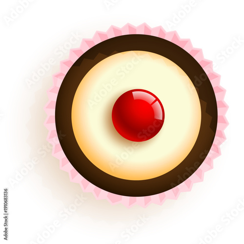 Top down view of a delicious single cupcake featuring creamy frosting a rich chocolate layer and a glossy bright red cherry on top centered perfectly in a pink wrapper