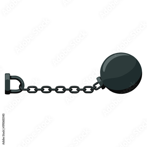 Vector illustration of ball and chain isolated on white background representing restraint captivity and heavy burden symbolic concept