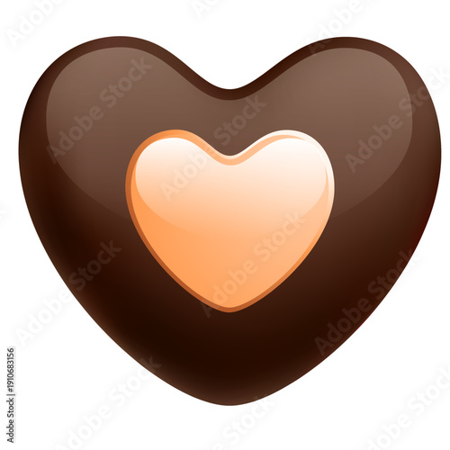 Deliciously glossy heart shaped dark chocolate confection featuring a lighter colored center perfect for celebrations of love and affection