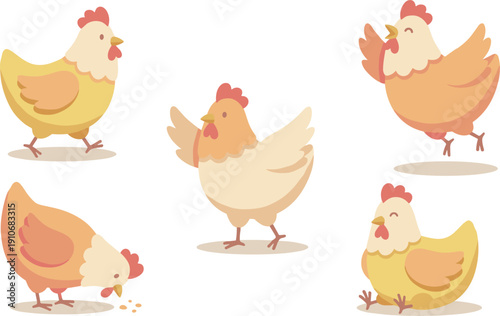 Illustration of various cartoon chickens.