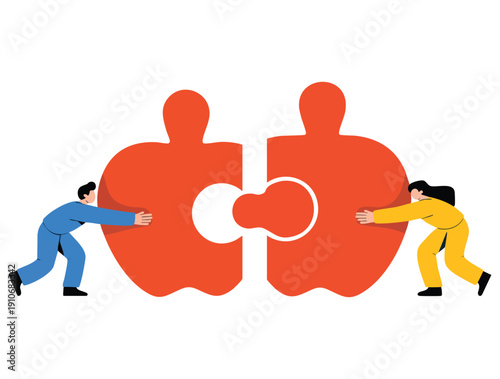 Vector illustration of business team pushing apple puzzle pieces representing teamwork cooperation partnership and working together toward shared goals