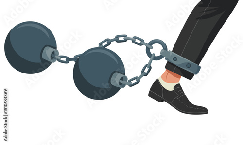 Vector illustration of businessman legs restrained by iron balls on string representing constraints challenges burden and slow progress in business
