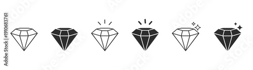 Minimal diamond and crystal icon set linear and solid black vector illustration of precious gemstone symbols for luxury branding isolated on transparent background