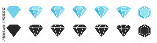 Diamond gemstone icon set in blue and black outline and solid styles vector collection of luxury crystal and jewel symbols isolated on transparent background