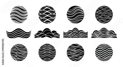 Collection of eight black and white geometric patterned square tiles